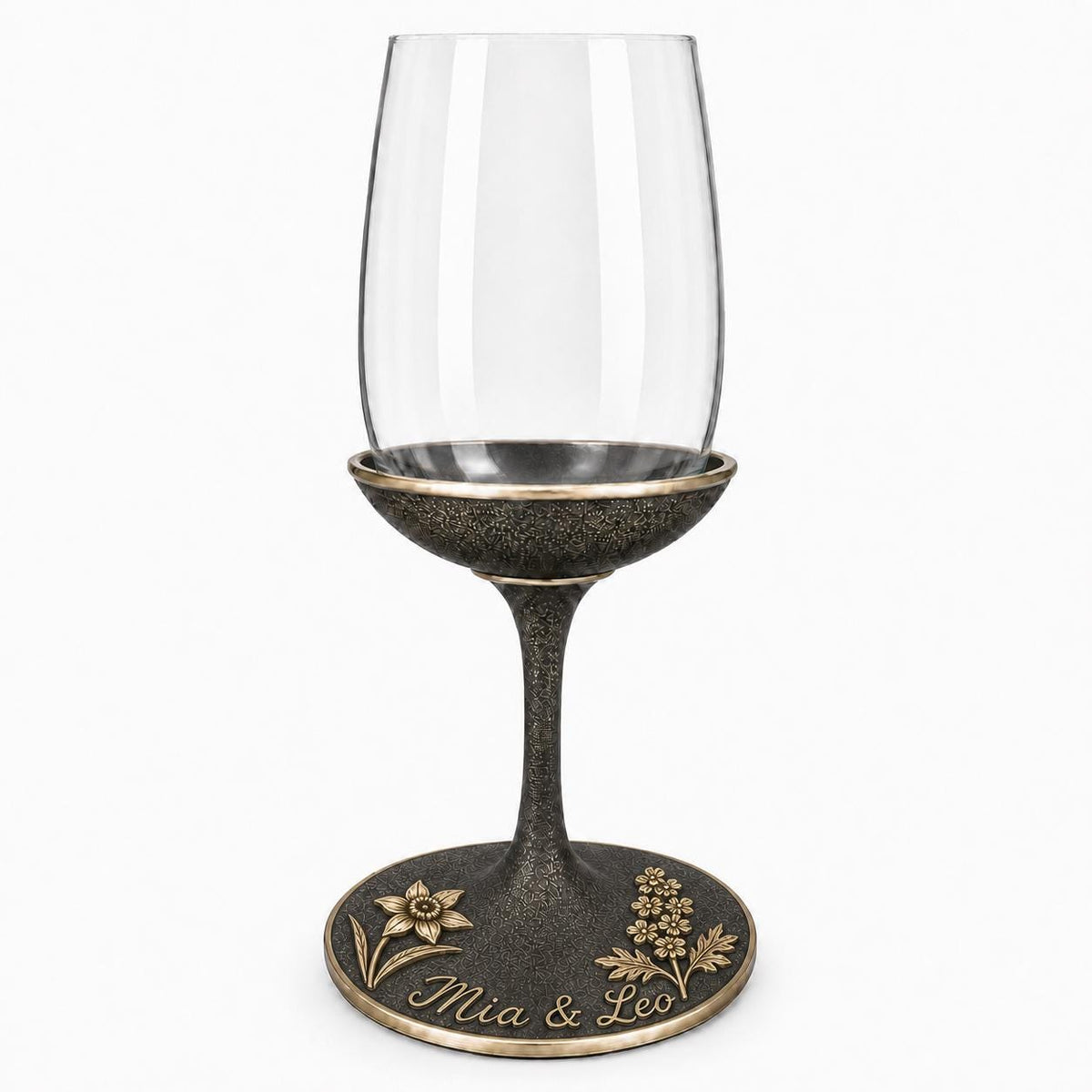 Personalised Birth Flower Wine Glass | Daffodil & Larkspur Antique Brass Base | Custom Couple Glasses