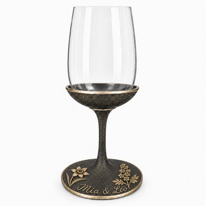 Personalised Birth Flower Wine Glass | Daffodil & Larkspur Antique Brass Base | Custom Couple Glasses