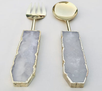 Salad serving pair with electroformed stone handles