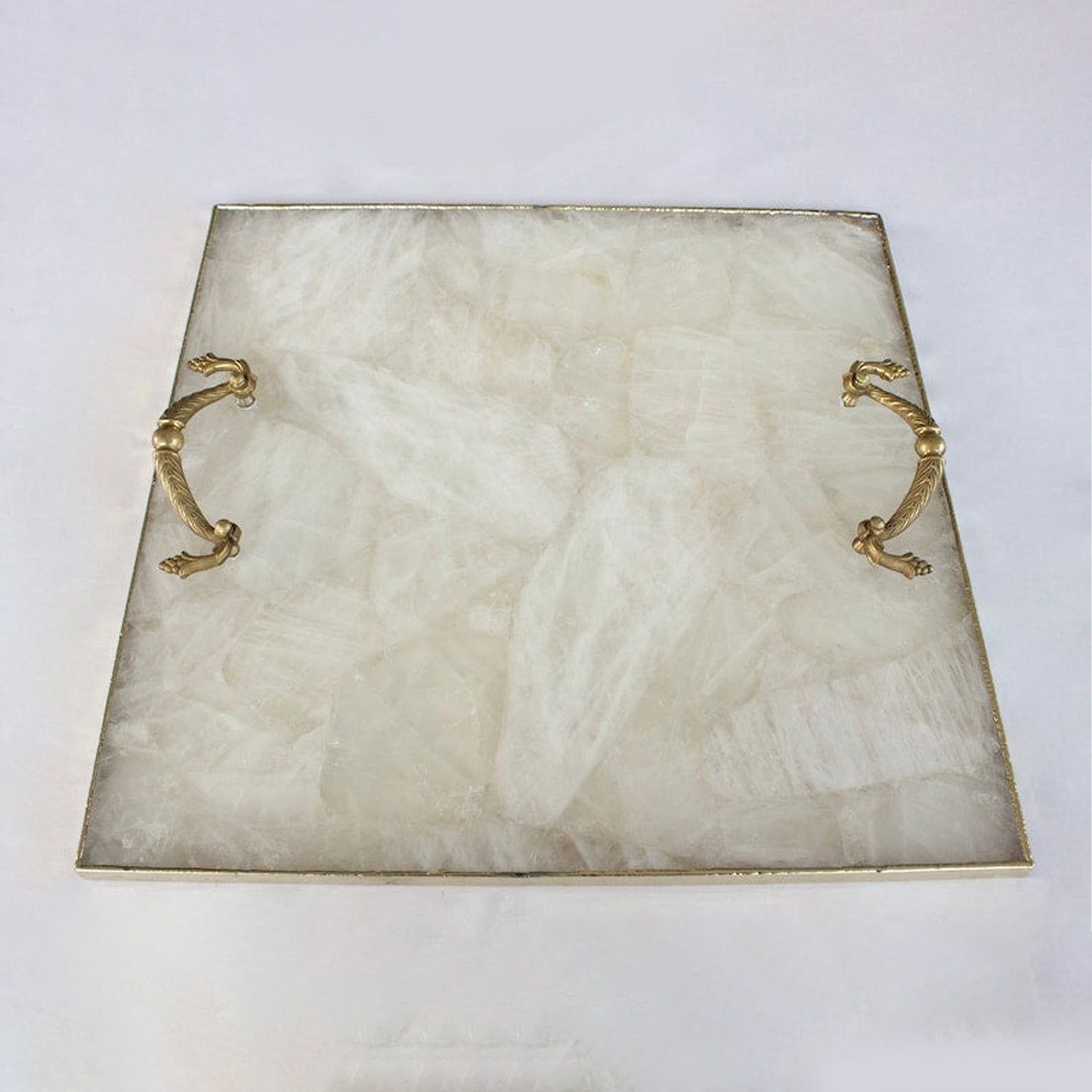 White Agate Serving Tray With Brass Handles | Square
