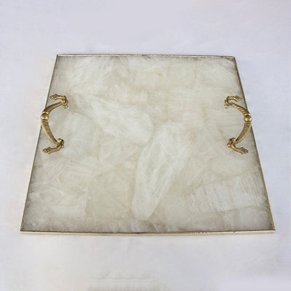 White Agate Serving Tray With Brass Handles | Square