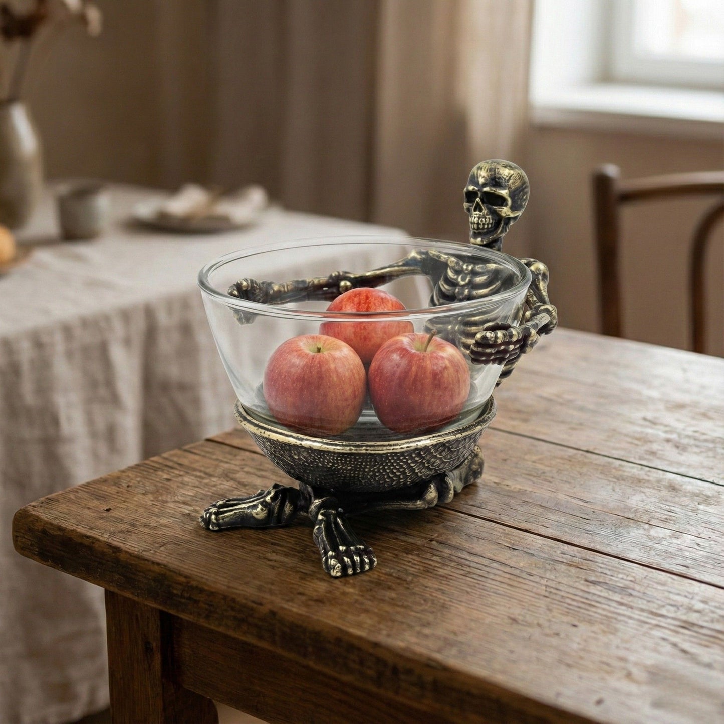 Skeleton Bowl with Glass Insert – Gothic Decorative Dish | Gold, Silver or Antique Finish | Halloween Candy Bowl & Home Decor