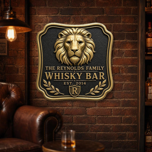 Personalised Lion Whisky Bar Sign | Antique Brass Family Bar Plaque | Custom Wall Decor