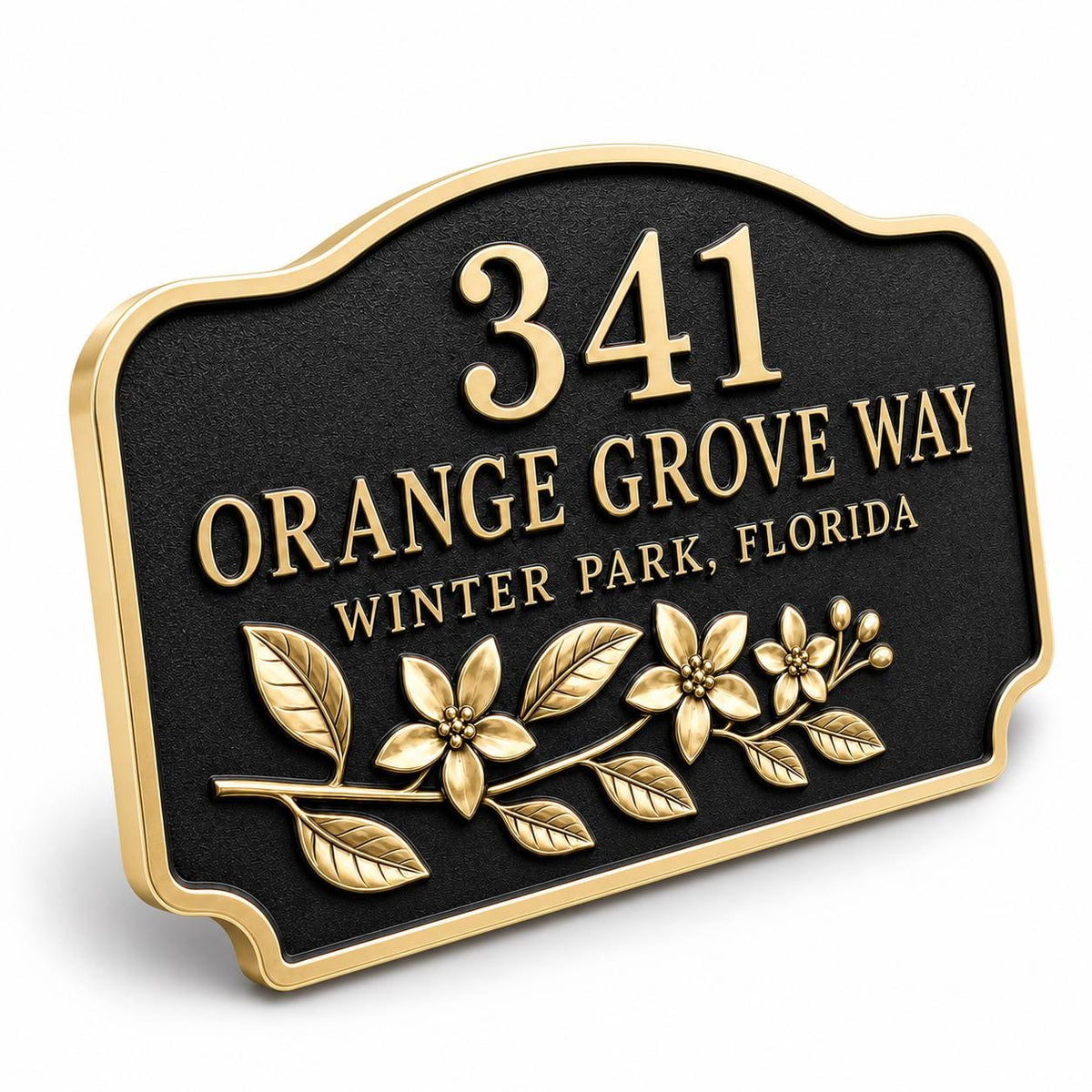 Personalised Orange Blossom Address Plaque | Custom Antique Brass House Number | Outdoor Wall Decor