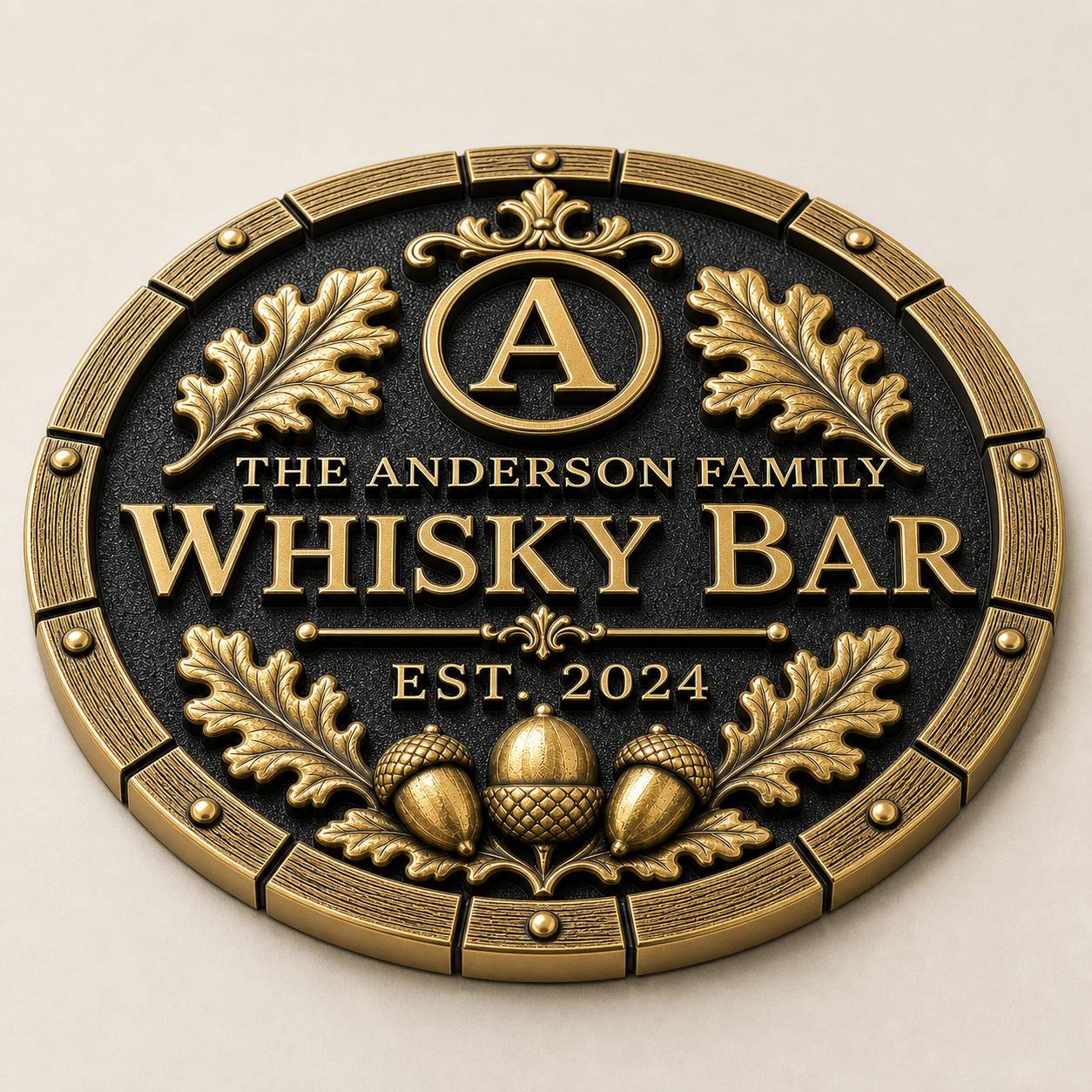 Personalised Oak Barrel Whisky Bar Plaque | Custom Family Home Bar Sign | Handcrafted Antique Brass Wall Decor