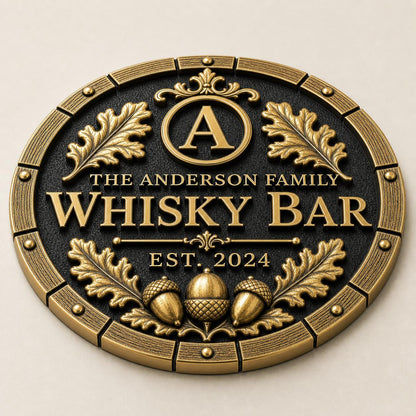 Personalised Oak Barrel Whisky Bar Plaque | Custom Family Home Bar Sign | Handcrafted Antique Brass Wall Decor