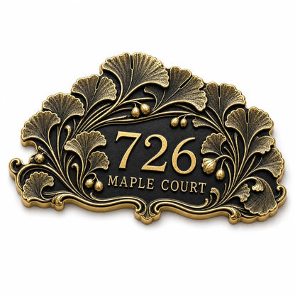 Design Your Own Custom House Number Plaque | Personalized Antique Brass Ginkgo Leaves Address Sign