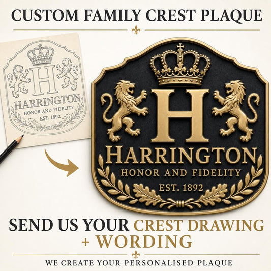 Design Your Own Family Crest Plaque | Personalised Coat of Arms, Family Name & Motto | Antique Brass Wall Sign