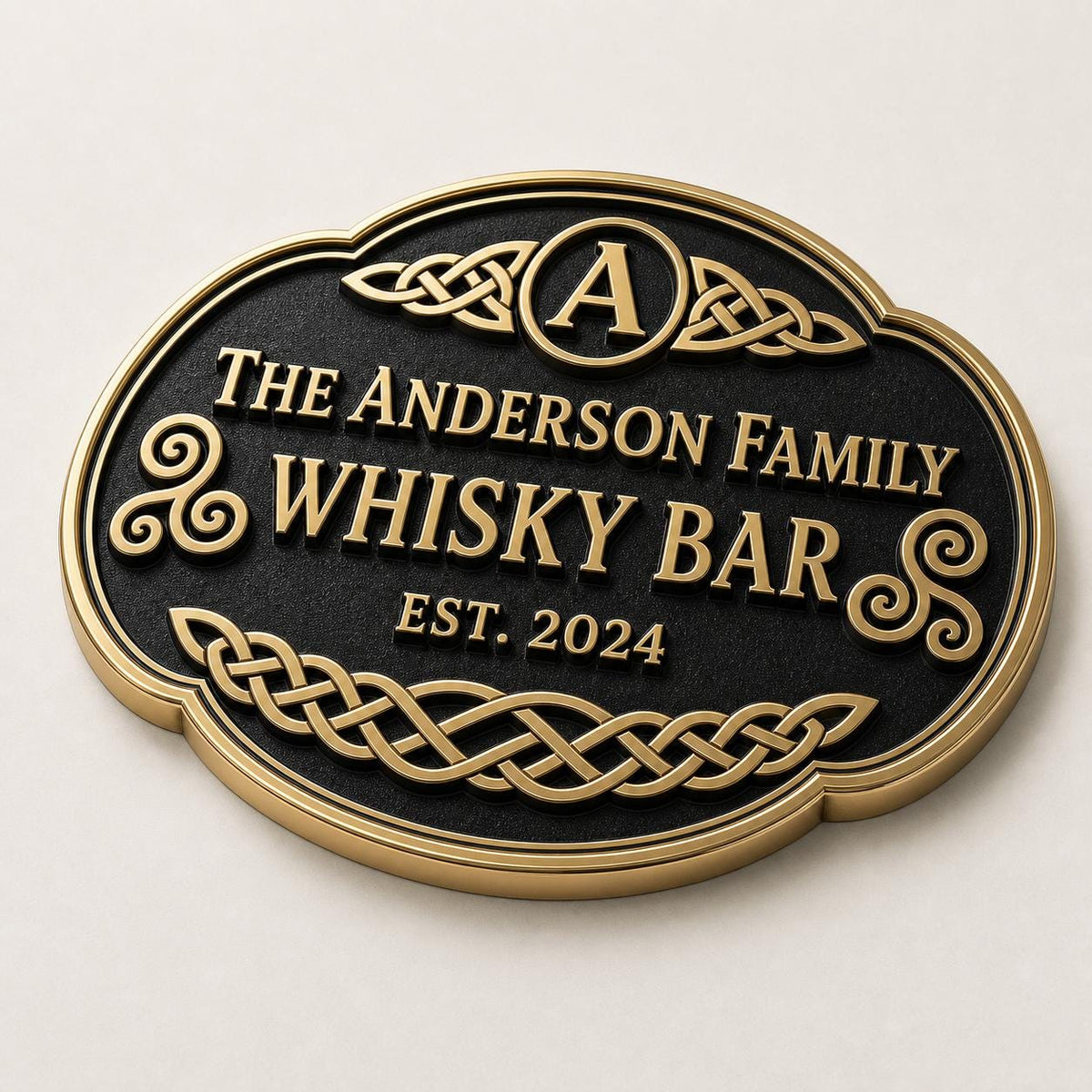 Personalised Celtic Whisky Bar Sign | Antique Brass Oval Family Bar Plaque | Custom Irish Home Bar Wall Sign