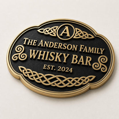 Personalised Celtic Whisky Bar Sign | Antique Brass Oval Family Bar Plaque | Custom Irish Home Bar Wall Sign