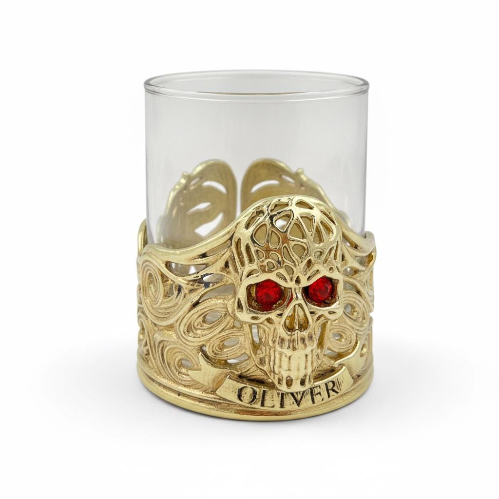 Personalized Jeweled Skull Whiskey Glass – Name on the Band, 10 oz