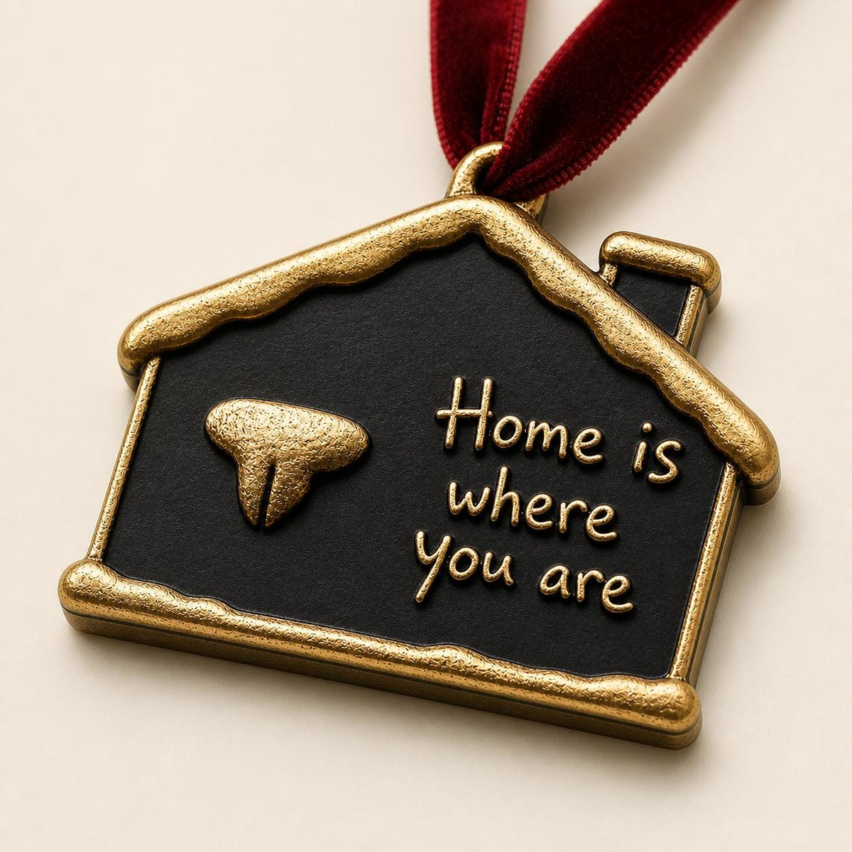 Close angled view of the snowy house ornament with the raised nose print and script lettering