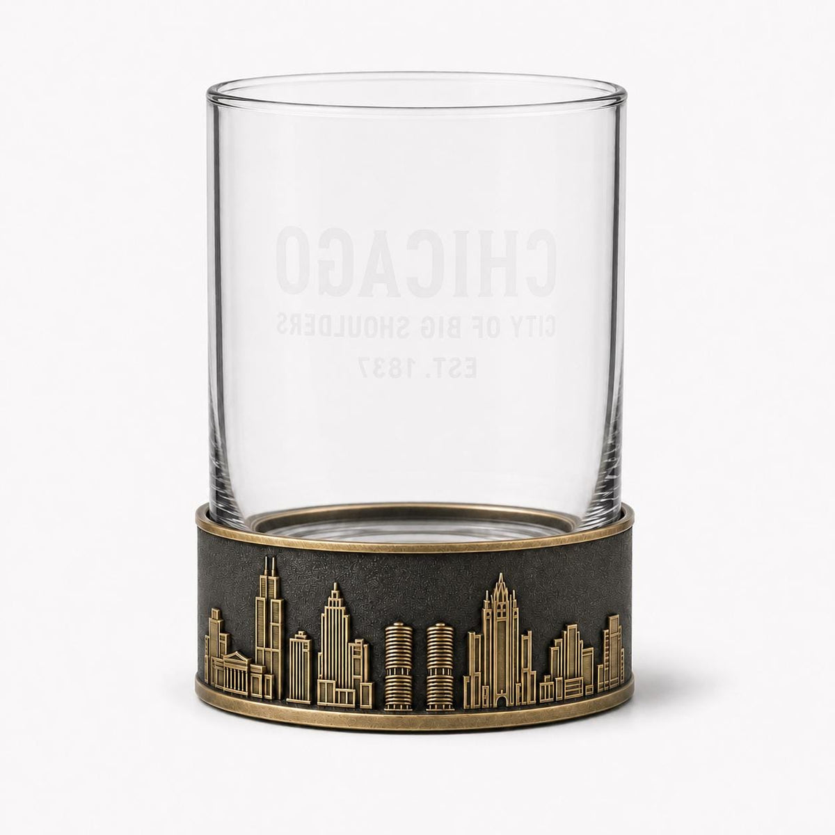 Personalised Laser Etched Brass Base Whiskey Glass | Custom Text/Name Glasses | Chicago Skyline Glass