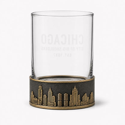 Personalised Laser Etched Brass Base Whiskey Glass | Custom Text/Name Glasses | Chicago Skyline Glass