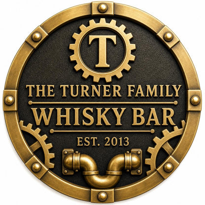 Personalised Industrial Whisky Bar Sign | Antique Brass Steampunk Home Bar Plaque | Custom Wall Decor