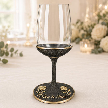 Personalised Birth Flower Wine Glass | Chrysanthemum & Daisy Antique Brass Base