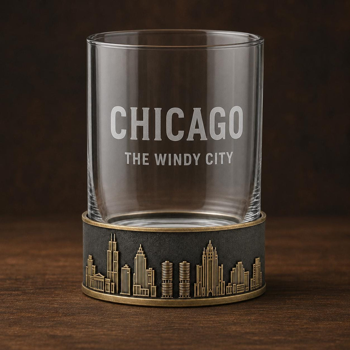Personalised Laser Etched Brass Base Whiskey Glass | Custom Text/Name Glasses | Chicago Skyline Glass