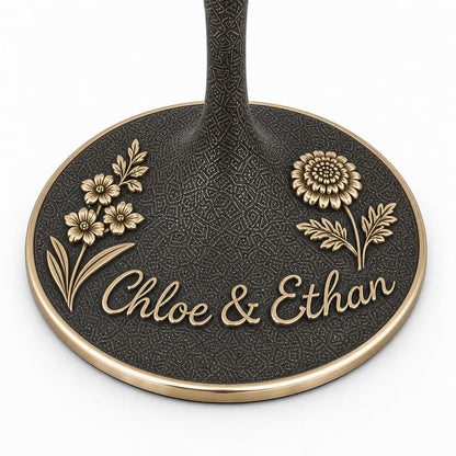 Personalised Handwriting Birth Flower Wine Glass, Gladiolus & Marigold Antique Brass Base