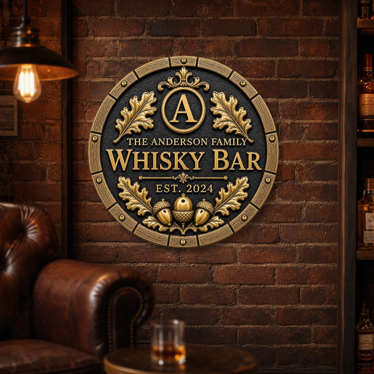 Personalised Oak Barrel Whisky Bar Plaque | Custom Family Home Bar Sign | Handcrafted Antique Brass Wall Decor
