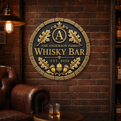Personalised Oak Barrel Whisky Bar Plaque | Custom Family Home Bar Sign | Handcrafted Antique Brass Wall Decor