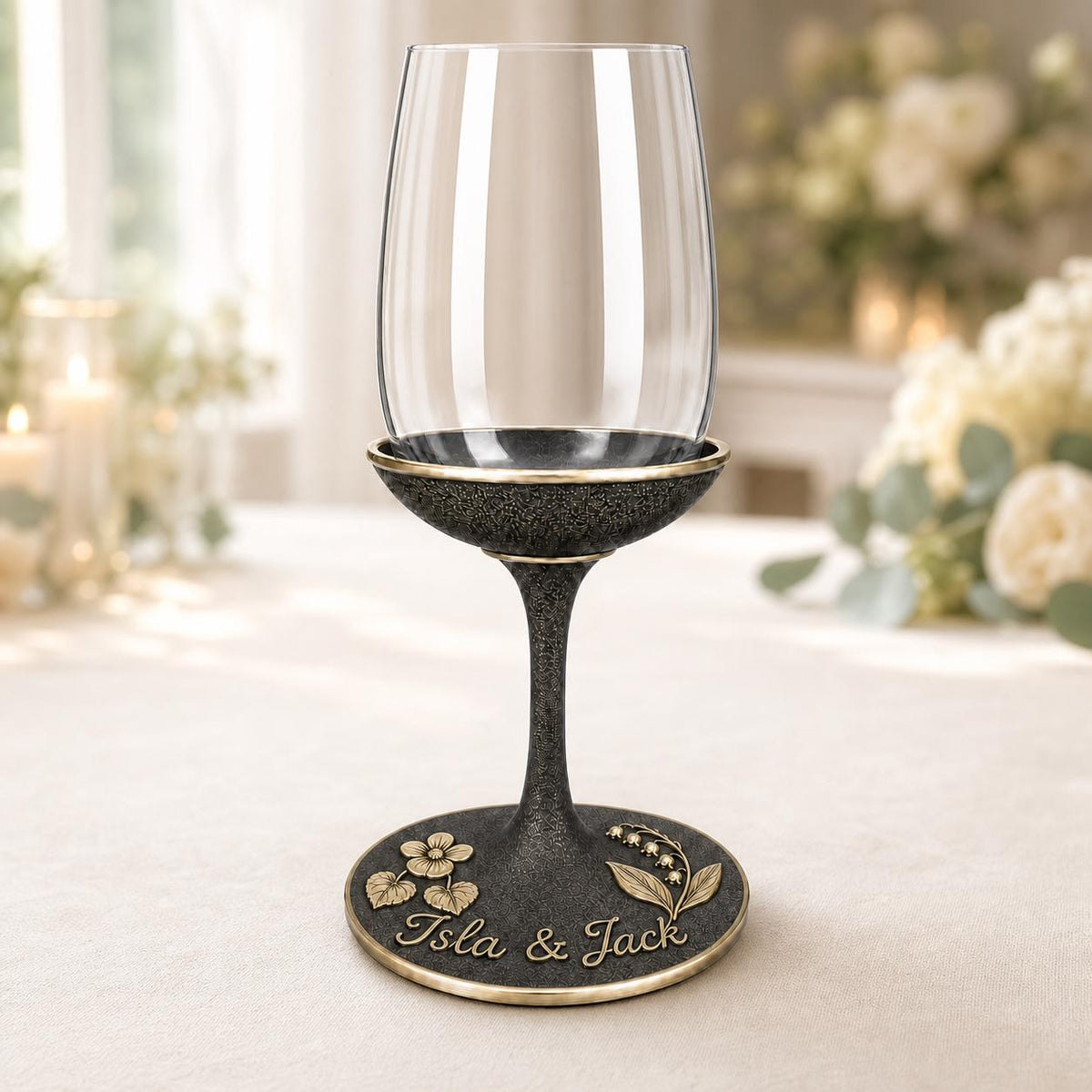 Personalised Birth Flower Wine Glass, Violet & Lily of the Valley Antique Brass Base