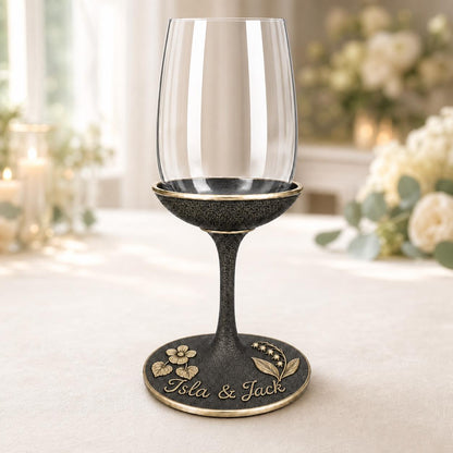 Personalised Birth Flower Wine Glass, Violet & Lily of the Valley Antique Brass Base