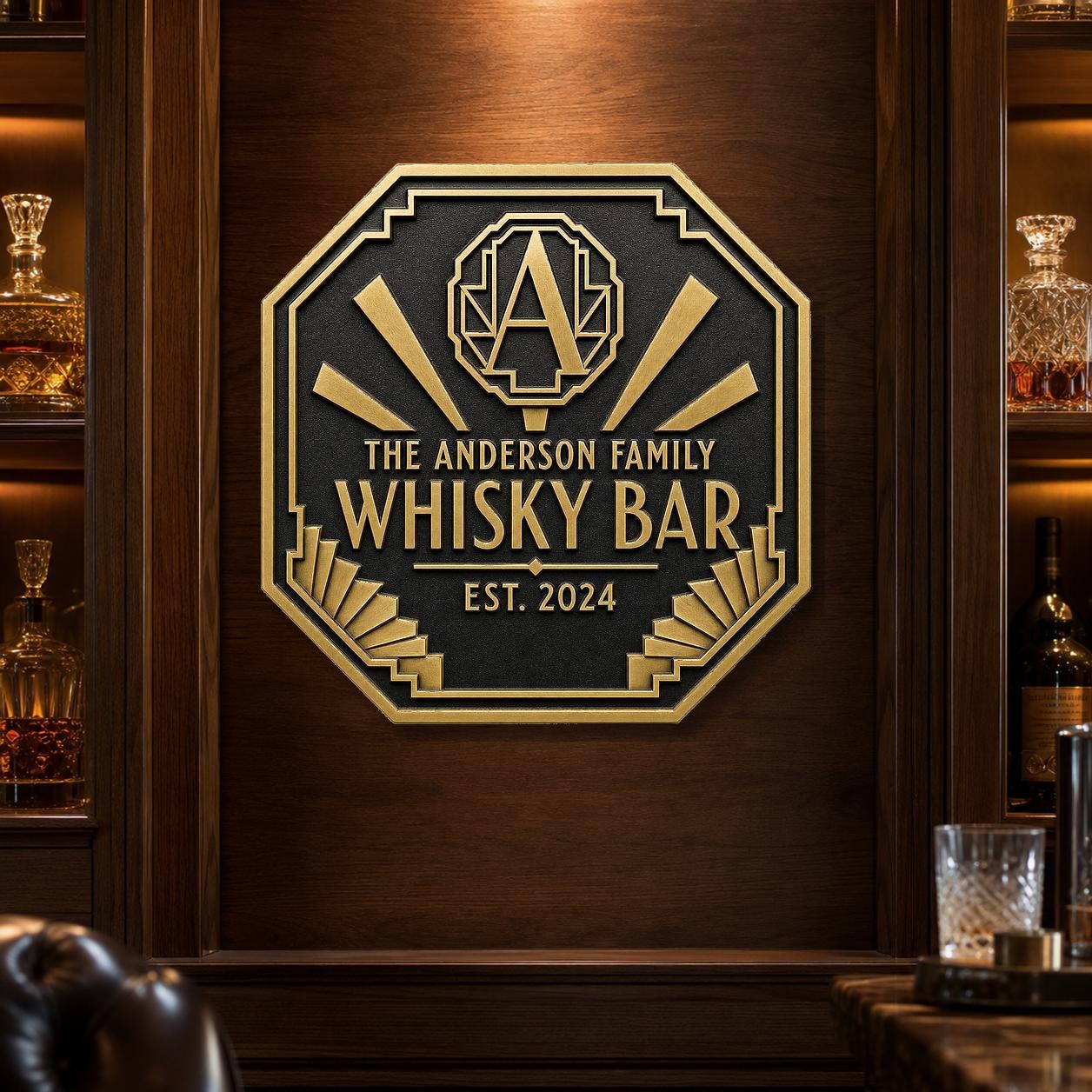Personalised Art Deco Whisky Bar Sign | Custom Family Home Bar Plaque | Antique Brass Metal Wall Sign