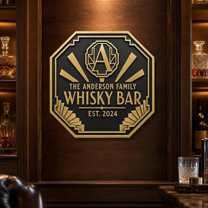 Personalised Art Deco Whisky Bar Sign | Custom Family Home Bar Plaque | Antique Brass Metal Wall Sign
