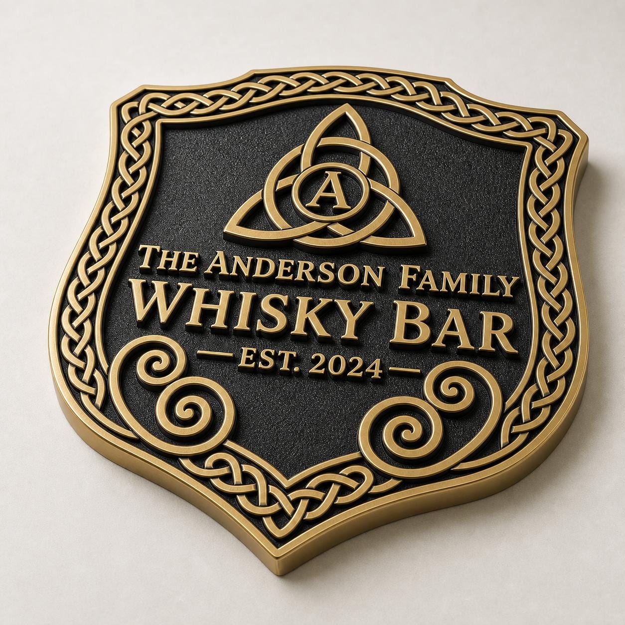 Personalised Celtic Whisky Bar Sign | Antique Brass Trinity Knot Plaque | Custom Family Home Bar Gift