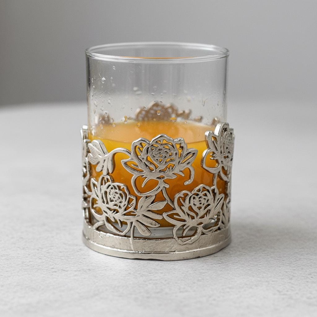 Floral Whiskey Glass – Openwork Metal Holder, 10 oz