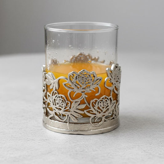 Floral Whiskey Glass – Openwork Metal Holder, 10 oz