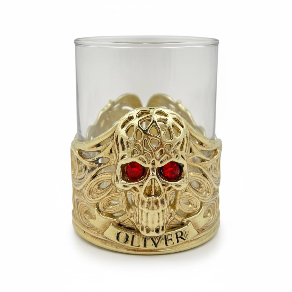 Personalized Jeweled Skull Whiskey Glass – Name on the Band, 10 oz