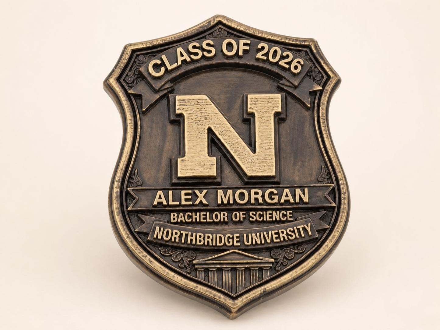 Personalized Graduation Plaque: Antique Brass-Finish Metal Crest with Custom Name, Degree and Year
