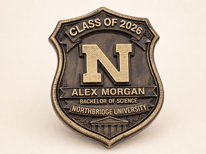 Personalized Graduation Plaque: Antique Brass-Finish Metal Crest with Custom Name, Degree and Year
