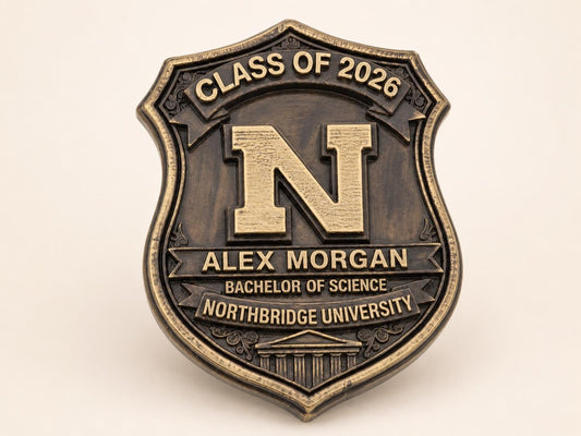 Personalized Graduation Plaque: Antique Brass-Finish Metal Crest with Custom Name, Degree and Year