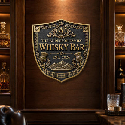 Personalised Home Bar Sign | Antique Brass Whisky Plaque | Custom Family Bar Gift