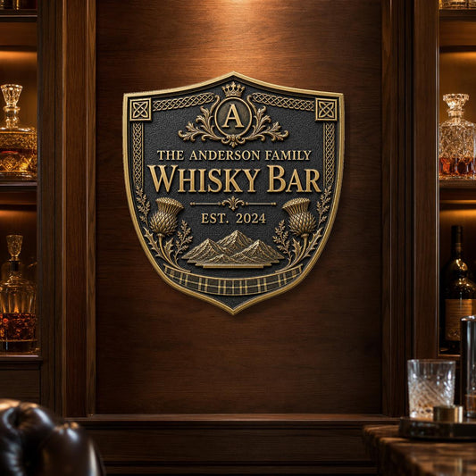 Personalised Home Bar Sign | Antique Brass Whisky Plaque | Custom Family Bar Gift