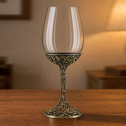 July Water Lily Wine Glass, Personalised Birth Flower, Openwork Brass Stem, Custom Etched Gift