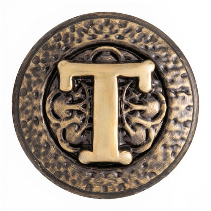 Close-up of a T knob, the letter on a scrolled ground