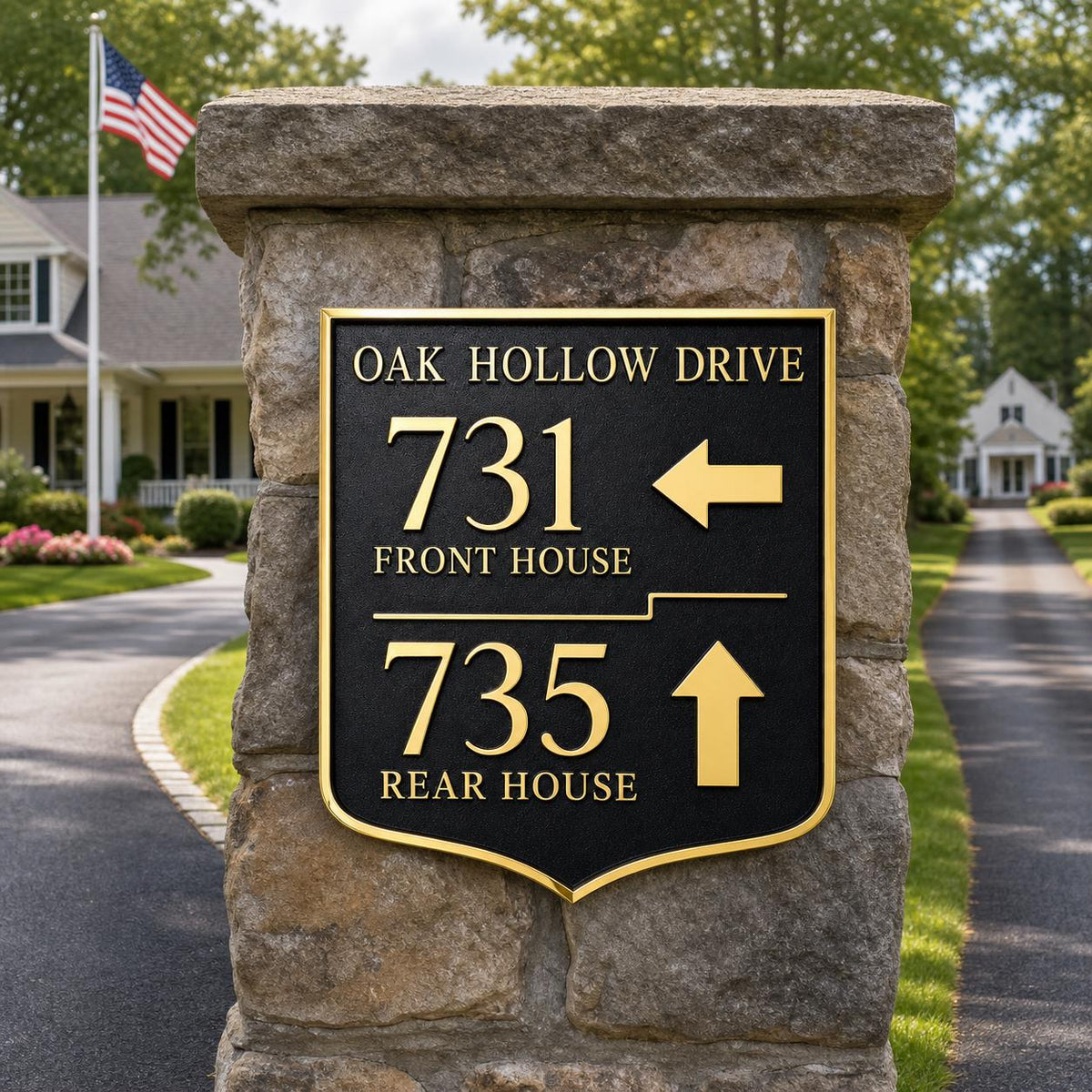 Personalized Flag Lot Address Sign, Front and Rear House Wayfinding Brass Plaque