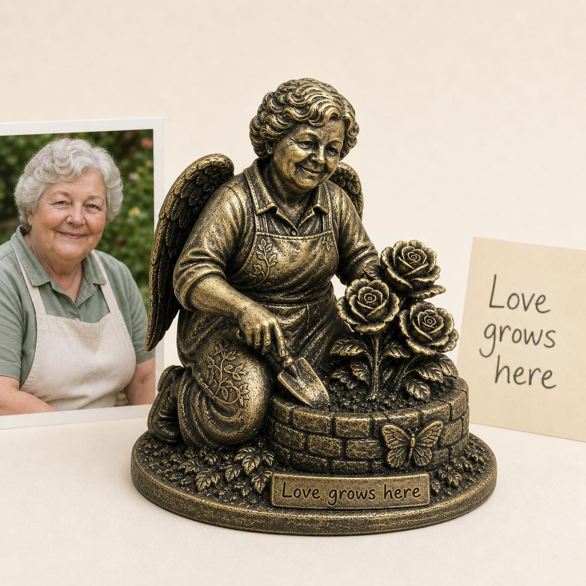 Personalised Grandma Memorial Figurine from Photo, Antique Brass Angel Gardener Statue, Custom Remembrance Gift