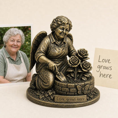 Personalised Grandma Memorial Figurine from Photo, Antique Brass Angel Gardener Statue, Custom Remembrance Gift
