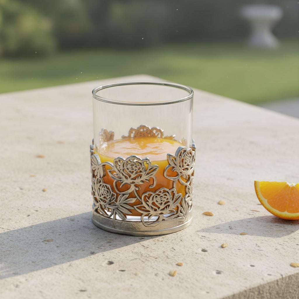 Floral Whiskey Glass – Openwork Metal Holder, 10 oz