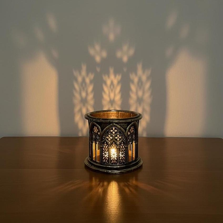 Antique brass round cathedral candle holder lit on a table, with arched window shadows on the wall