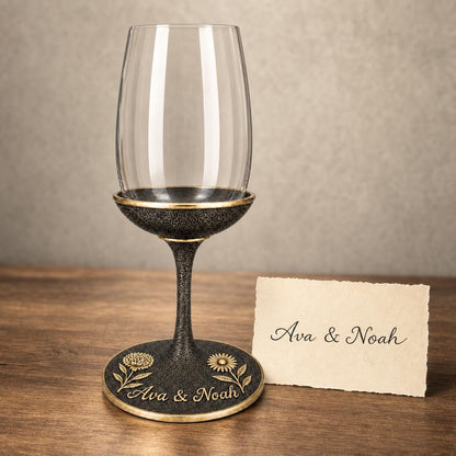Personalised Birth Flower Wine Glass | Chrysanthemum & Daisy Antique Brass Base