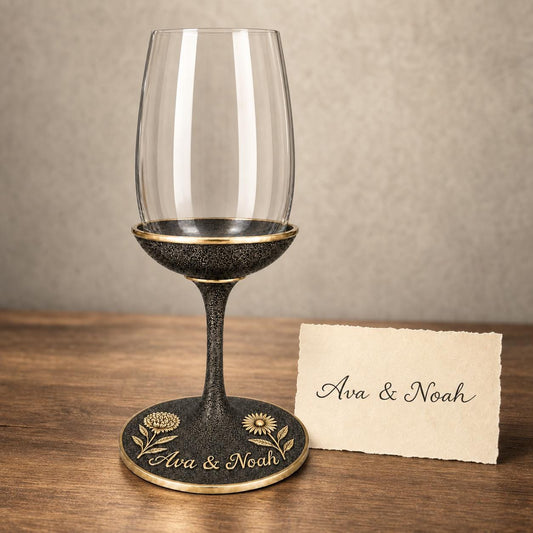 Personalised Birth Flower Wine Glass | Chrysanthemum & Daisy Antique Brass Base