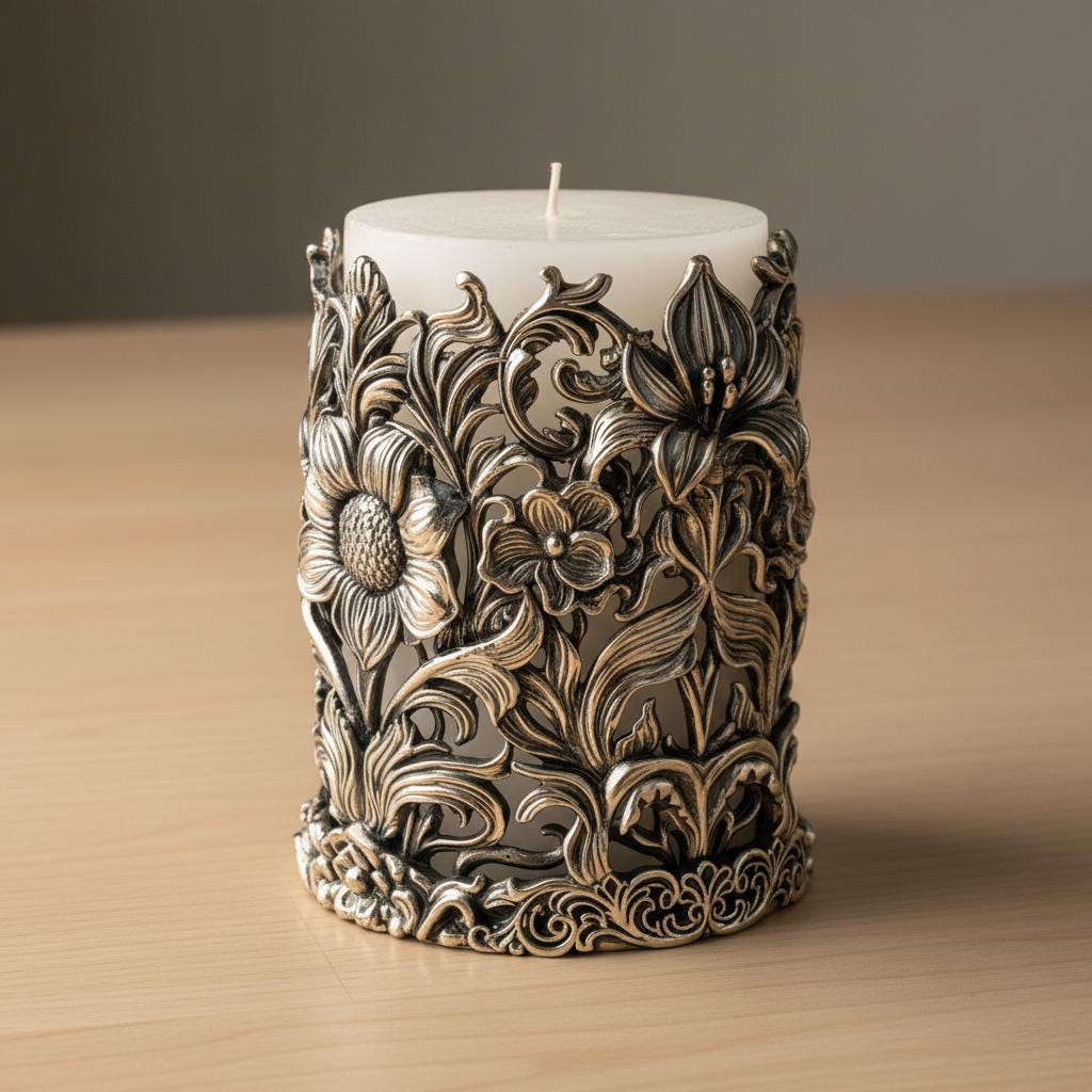 Floral pillar candle holder at an angle on a wooden table against a warm beige wall