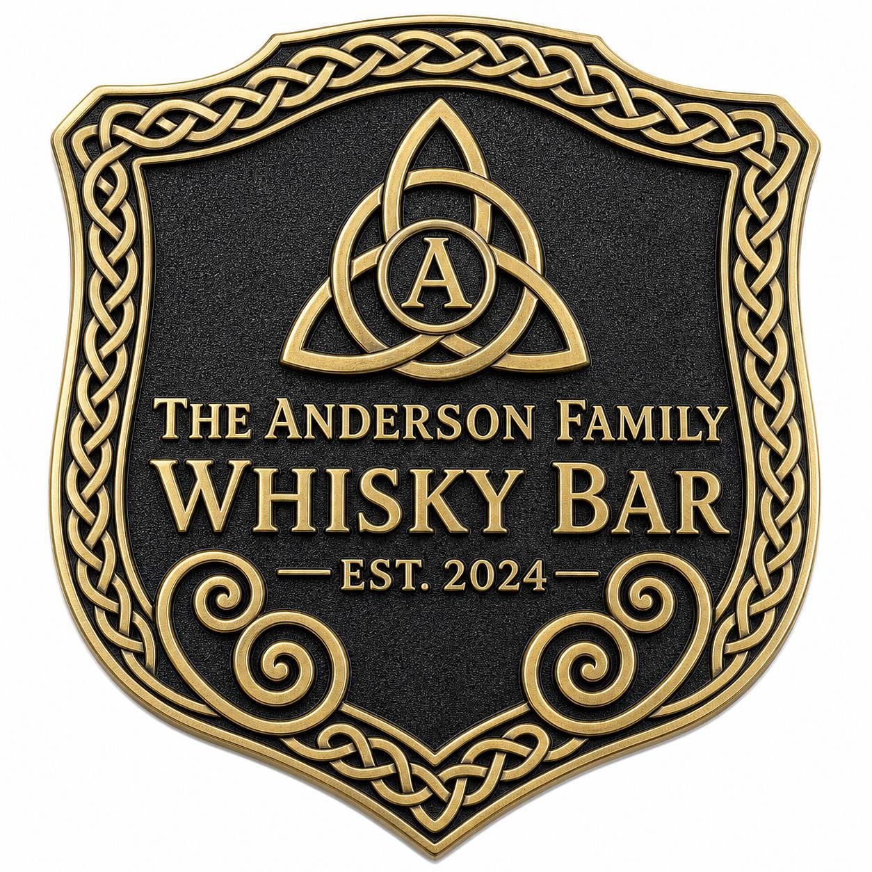 Personalised Celtic Whisky Bar Sign | Antique Brass Trinity Knot Plaque | Custom Family Home Bar Gift