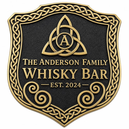 Personalised Celtic Whisky Bar Sign | Antique Brass Trinity Knot Plaque | Custom Family Home Bar Gift