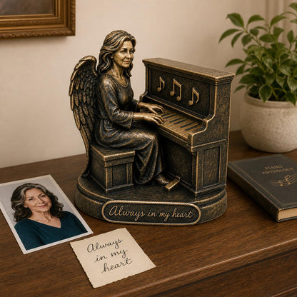 Personalised Piano Memorial Figurine from Photo, Antique Brass Angel Statue, Musician Remembrance Gift